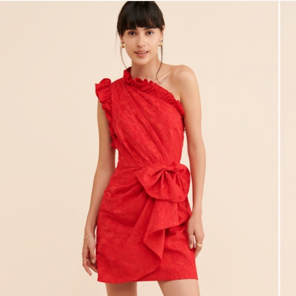 ML MONIQUE Lhuillier ONE SHOULDER RUFFLE FINISHED WITH A BOW RUFFLE DRESS - Picture 1 of 13